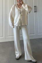 Solid Color V-neck Tie Long-sleeved Loose Knit Cardigan and Elastic Waist Casual Straight Leg Pants Set
