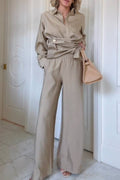 Cross-waist shirt and wide-leg pants suit