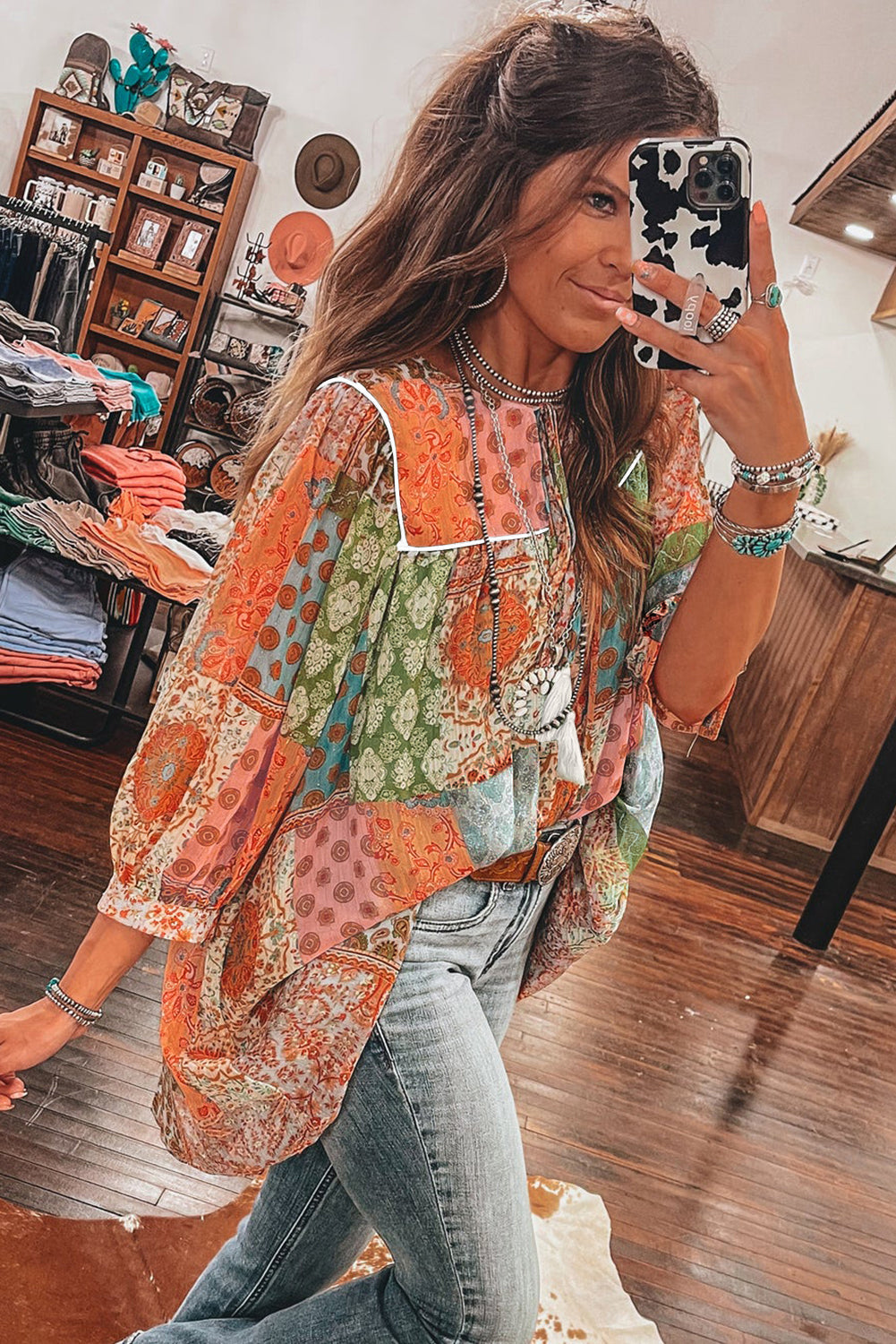 Orange Boho Paisley Mixed Print 3 4 Sleeve Chiffon Loose Dress
