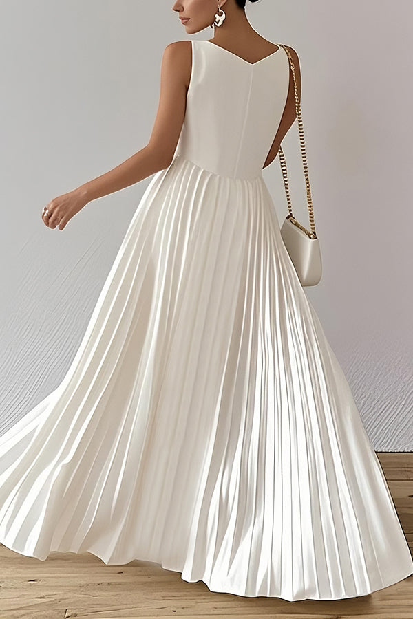 Solid Color Sleeveless Slim Fit Pleated Full Hem Maxi Dress