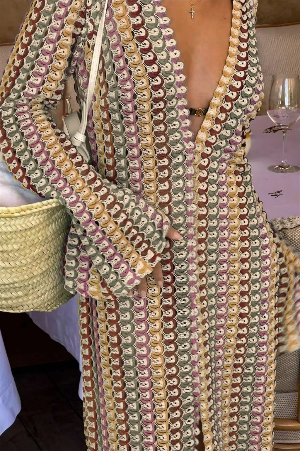 Crochet Colorful Stripe V Neck Flare Sleeve Maxi Dress