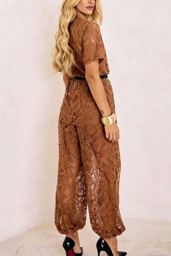 Winonah Mesh Lace Short Sleeve Top and Elastic Waist Loose Lantern Pants Set