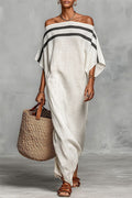 Bella Linen Blend Striped Print Off Shoulder Half Wide Sleeve Loose Maxi Dress