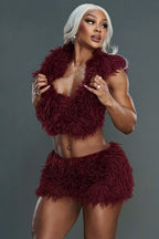 Faux Fur Hooded U Neck Backless Crop Top Mini Skirt Set