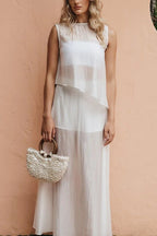 Lena Semi-sheer Irregular Hem Top and High Rise Side Zipper A-line Maxi Skirt Set