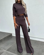 Fashionable solid color high waisted straight pants suit