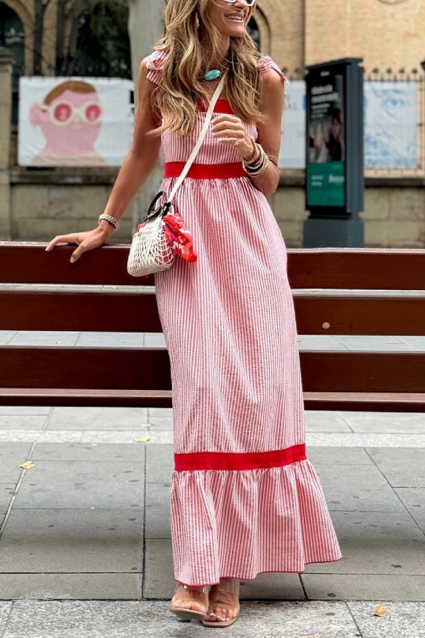 Stella Effortless Red and White Vertical Striped Long Dress with Bow Straps Premium Wardrobe Essential