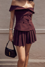 Vintage Off Shoulder Pleated Mini Dress