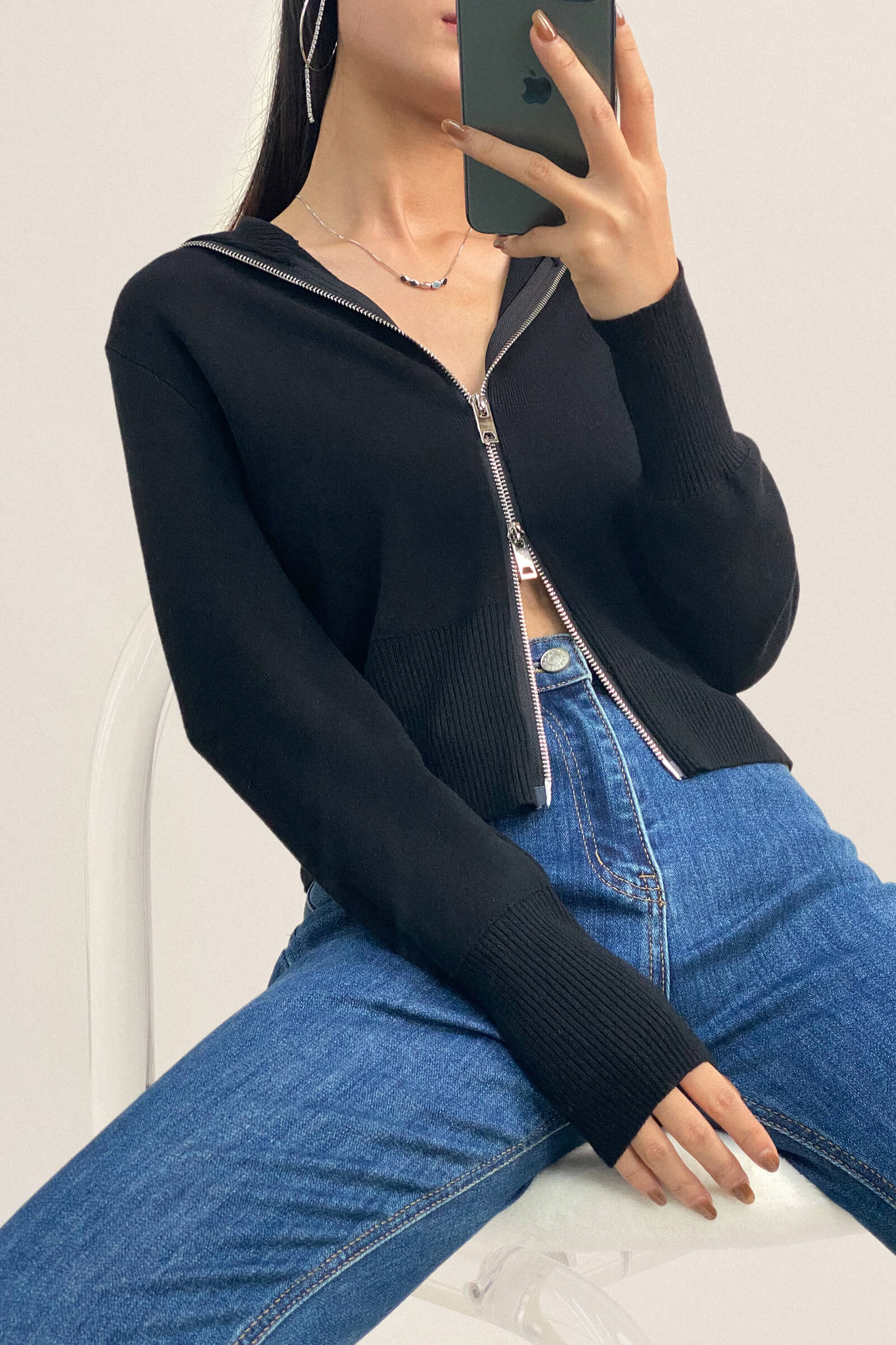 Black Wool-Blend Collared Zip-Up Cardigan