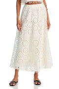 Nice Try Embroidered Crochet Lace Tassle Trim Elastic Waist Midi Skirt