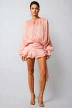 Niavia Pink Pleated Ruffle Hem Mini Dress