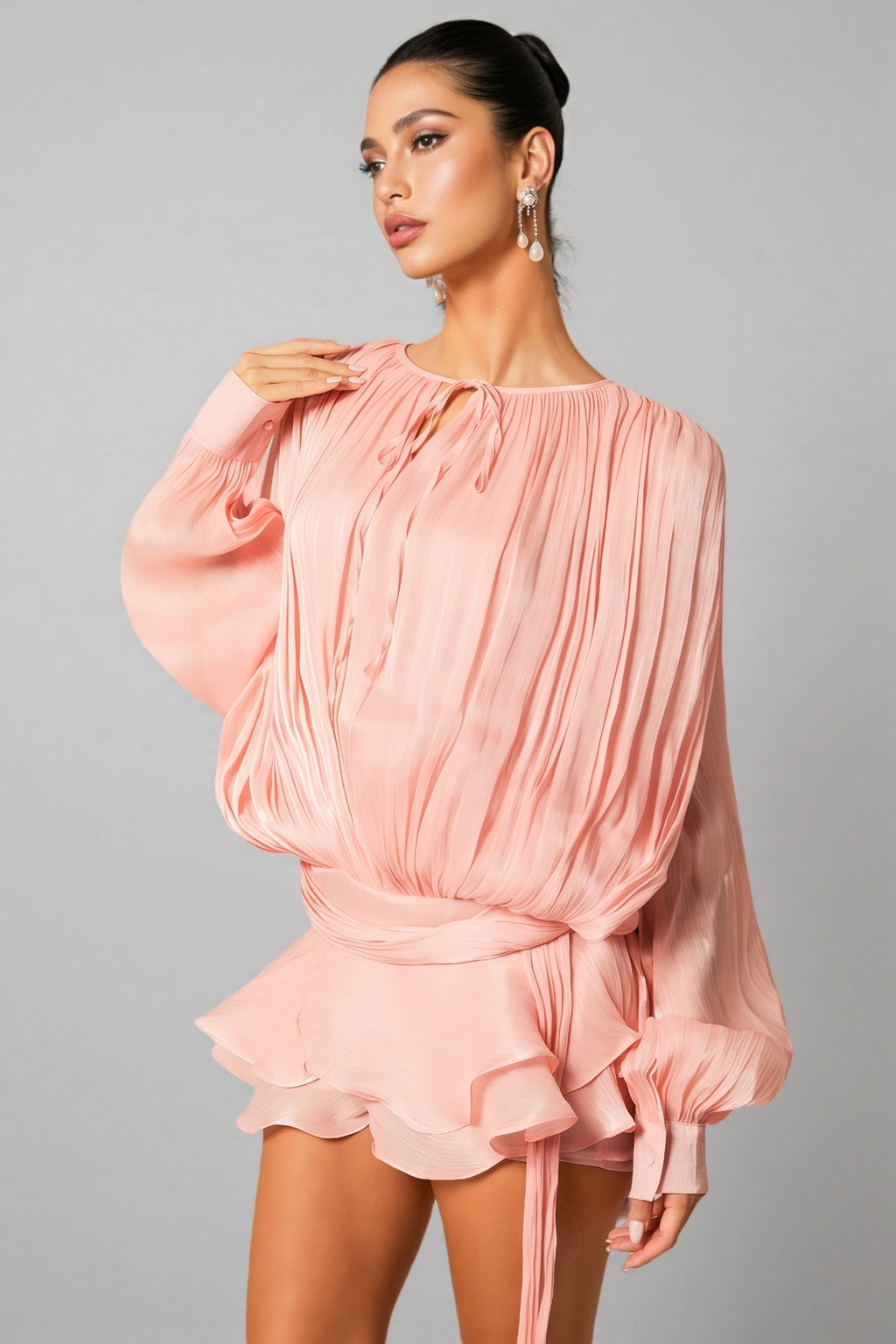 Niavia Pink Pleated Ruffle Hem Mini Dress