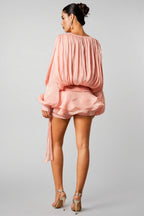 Niavia Pink Pleated Ruffle Hem Mini Dress