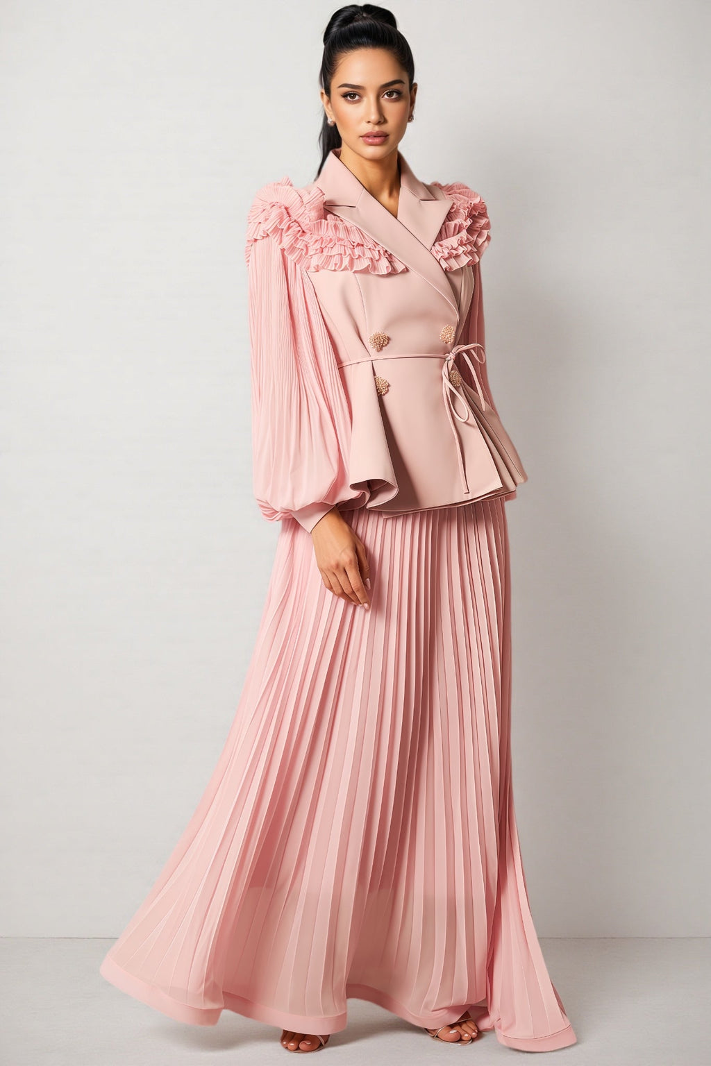 Sorel Double Breasted Pleated Maxi Dress Set