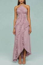 consonak Strappy Halter Neck Ruffle Trim Asymmetric Hem Pleated Maxi Dress
