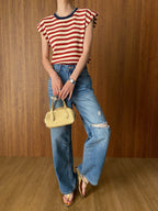 French Layered Striped Small Fly Sleeve Crew Neck Knitted Sweater T-Shirt