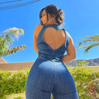 Heart Shaped Backless Denim Jumpsuit
