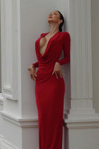 Deep V Long Sleeve Bodycon Silk Dress