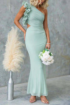 Fashionable Mesh Sleeveless One-shoulder Waist-revealing Maxi Dress