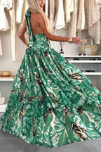 Amazon Scenery Unique Print Tie-up Cutout Waist Ring Halter Slit Maxi Dress