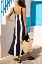 Fashionable Color-blocked Printed Square Neck Sleeveless Vacation-style Maxi Dress