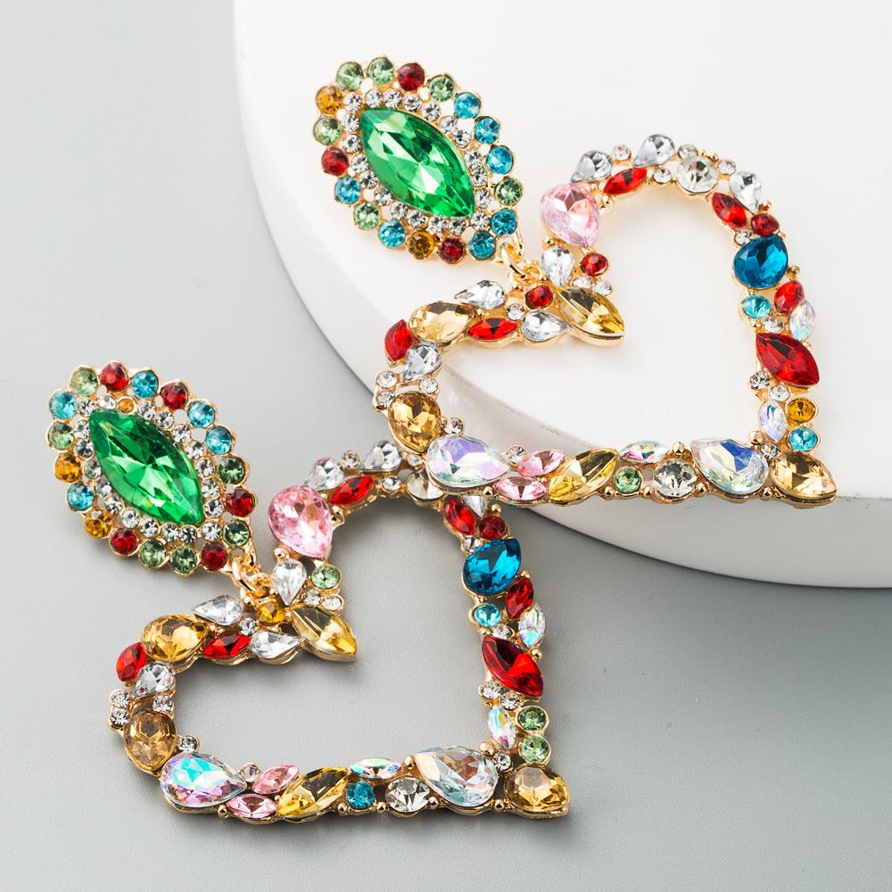 Heart-shaped with colored  retro temperament exaggerated earrings