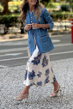 Vintage Blue and Gold Floral Satin Midi Skirt