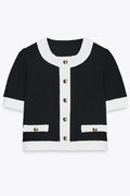Fashionable Contrast Color Short-sleeved Button-down Top