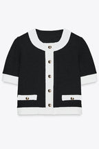 Fashionable Contrast Color Short-sleeved Button-down Top