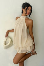 Sexy Backless Halter Tie Waist Slim Fit Ruffled Mini Dress
