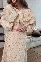 Puff Sleeve V Neck Ruffled Belted Split Elegant Floral Dress