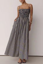 Striped Print Spaghetti Strap Pleated Pocket Casual Vacation Maxi Dress