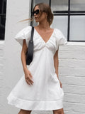 Cotton V-Neck Puff Sleeves Backless Dress