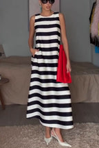 Elara Satin Striped Contrast Print Sleeveless Pocket A-line Maxi Dress