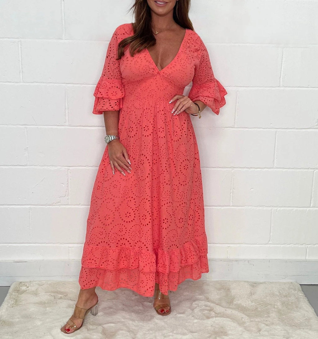 Embroidery Frill Sleeve Midi Dress