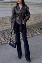 Street Warrior Faux Leather Distressed Style Lace-up Lapel Belt Oversized Jacket