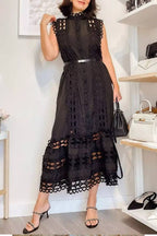Cutwork Embroidered Tie-Waist Sleeveless Shirtdress