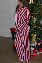 Courtney Satin Colorblock Striped Loose Shirt and Elastic Waist Pocketed Pajama Set