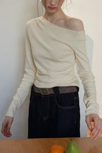 One Shoulder Asymmetric Ribbed Long Sleeve Top