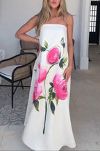Garden Wedding Painted Roses Print Strapless A-line Maxi Dress