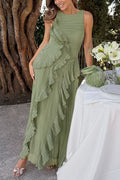 Love Invitation Round Neck Lily Pad Style Pleats and Ruffles Gown Maxi Dress