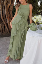 Love Invitation Round Neck Lily Pad Style Pleats and Ruffles Gown Maxi Dress