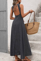 Multi-Color Polka Dot Backless Tie Sleeveless Flowy Maxi Dress