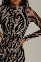 Floral Print Ruched Mesh Long Sleeve Bodycon Maxi Dress
