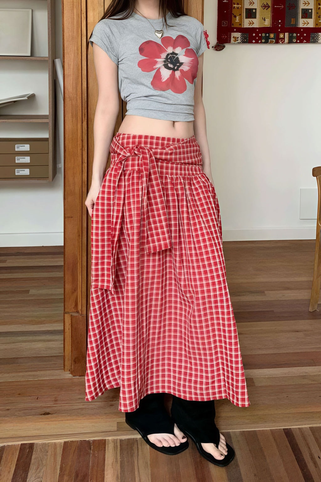 Color Block Plaid Tie Side Zip Loose Skirt