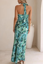 Floral Print Sleeveless Halter Neck Tie Holiday Maxi Dress