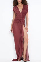 Leia Tulle Pleats and Knotted Detail Drape Slit Maxi Dress