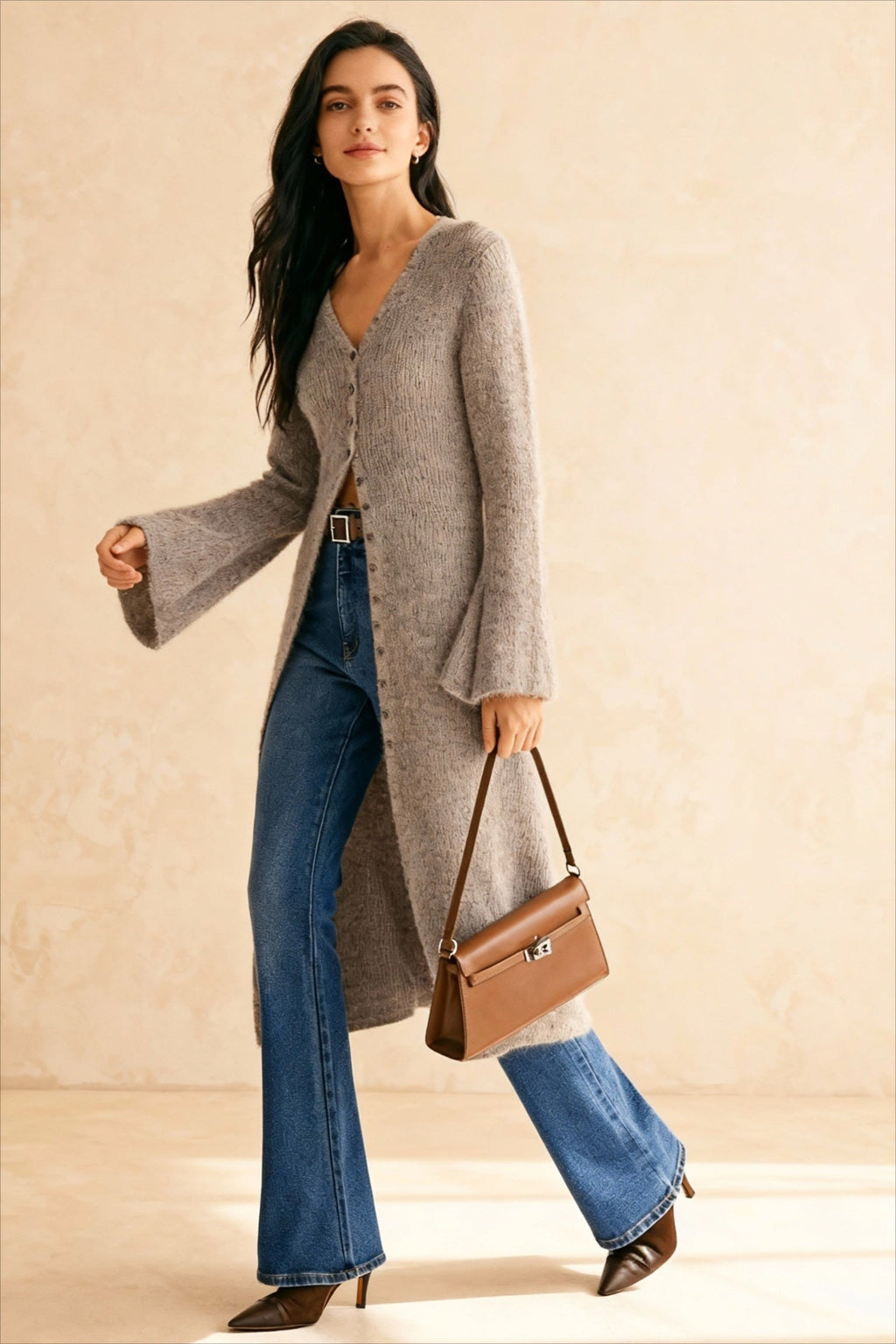 French Retro Elegant LongSleeve MidLength Knit Cardigan