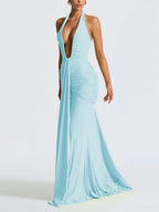Solid Color Halter Neck V-Neck Backless Fishtail Party Dress