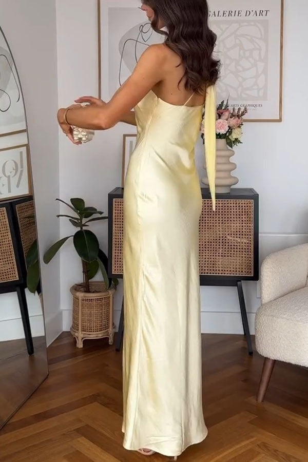 Solid Asymmetrical Shoulder Tie Waist Sleeveless Slim Fit Prom Dress